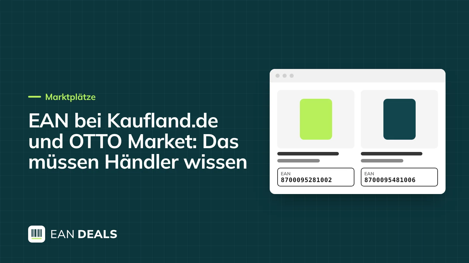 Zwei Marktplatz-Schaufenster nebeneinander, darunter ein Produktetikett mit EAN-Barcode